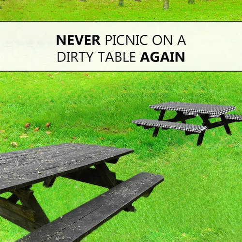Vista 5 de LINPRO - Funda de mesa de picnic de 6 pies con fundas para bancos, fundas ajustadas de mesa de picnic de vinilo con elástico, elementos esenciales