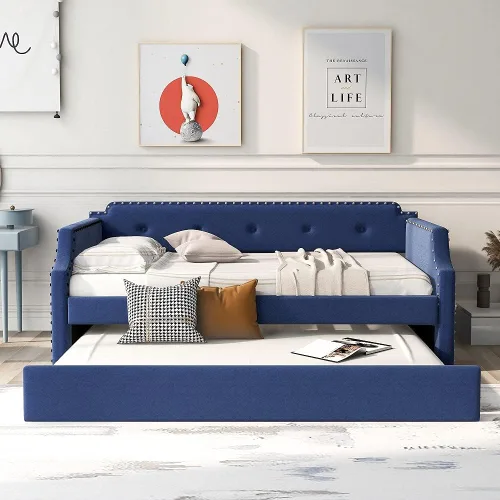 Vista 3 de Sofá cama tapizada con nido, sofá cama de tamaño individual con soporte de listones de madera, marco tapizado de madera para sala de estar, no Azul-2