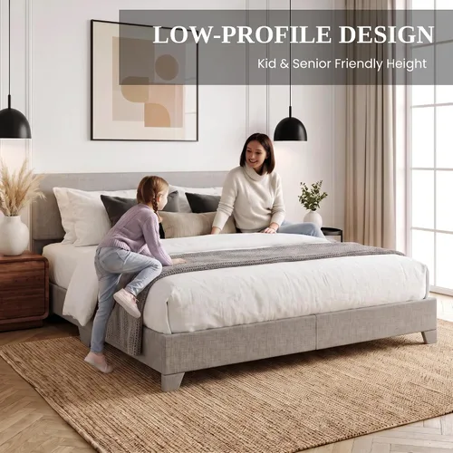 Vista 3 de SHA CERLIN - Base de cama tapizada tamaño King en color gris claro con cabecero ajustable, soporte de listones de madera, no necesita somier, fácil