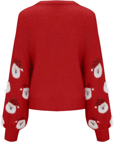 Vista 6 de iLH Suéter de Navidad para mujer, lindo suéter de punto con cuello redondo y diseño de Papá Noel
