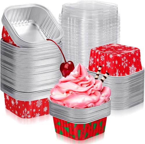 Vista 7 de 100 piezas de tazas de aluminio para Navidad, contenedor de cupcakes de papel de aluminio con tapas, 5 onzas, molde cuadrado de papel de aluminio