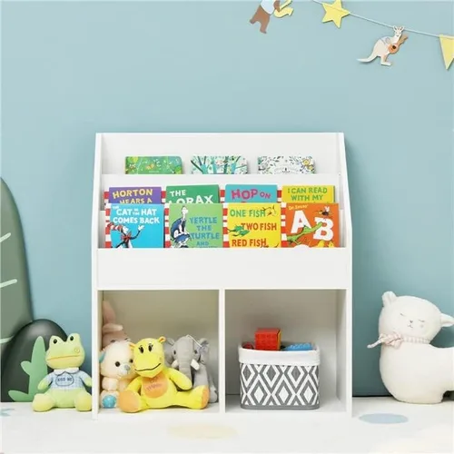 Vista 2 de Estantería para niños, armario de madera 2 en 1 de almacenamiento de juguetes, con estante y 2 estantes de exhibición de cubos grandes, adecuado
