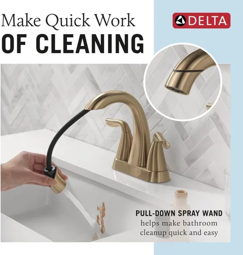 Vista 2 de Delta Arvo - Grifo central de baño extraíble, grifo dorado para lavabo de baño, grifo de baño con rociador extraíble, grifo de baño de 3 agujeros