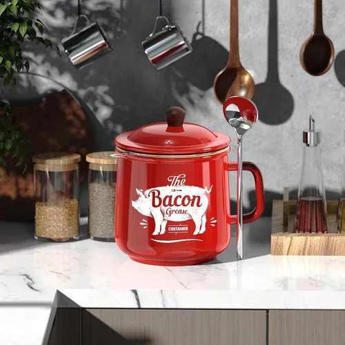 Vista 7 de PGYARD Ceramic Bacon Grease Saver With Strainer, 23OZ Farmhouse Container Rojo