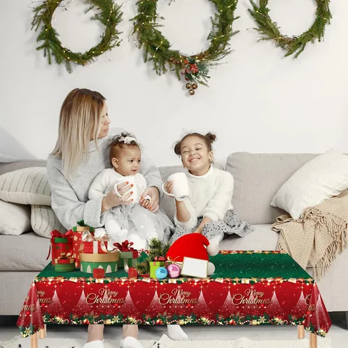 Vista 7 de 3 manteles de Navidad desechables, 54 x 108 pulgadas, mantel rectangular de plástico rojo con árbol de Navidad, muñeco de nieve, reno, Papá Noel
