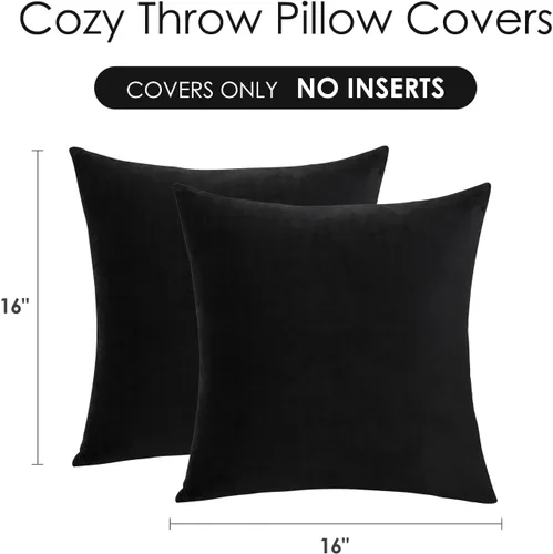 Vista 6 de Juego de 2 fundas de almohada decorativas de terciopelo de 16 x 16 pulgadas, fundas de almohada negras suaves para sofá, cama, sala de estar