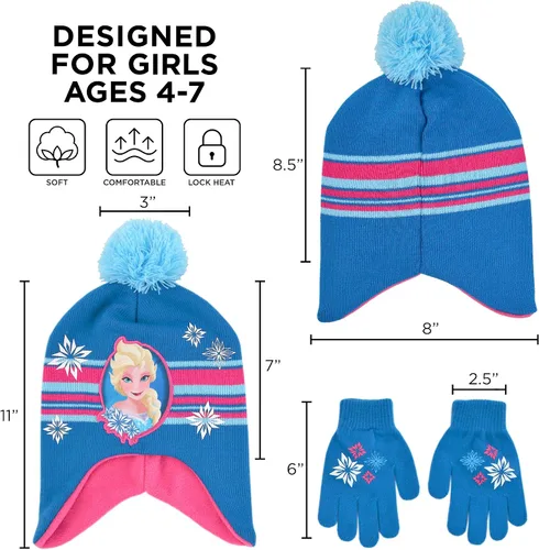 Vista 6 de Disney Conjunto de gorro de invierno y guantes para niñas, Elsa y Anna para edades de 4 a 7 años