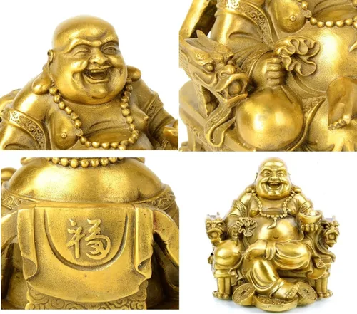Vista 4 de Estatua de Buda Fengshui para la suerte y la felicidad, Dios de la riqueza, Buda riendo en la silla del dragón del emperador, estatuas budistas