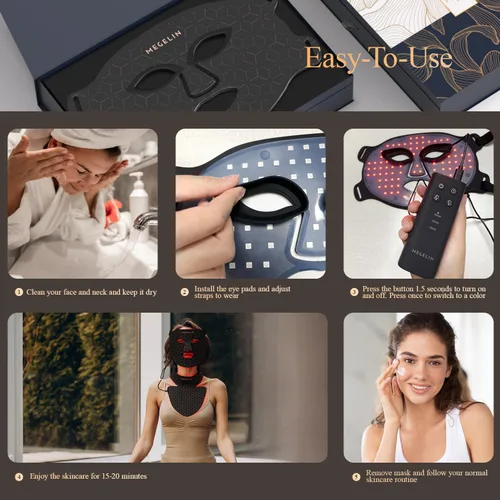 Vista 7 de MEGELIN Máscara facial y cuello de terapia de luz roja, máscara facial de terapia de luz LED de 7 colores, máscara de terapia de luz roja Negro