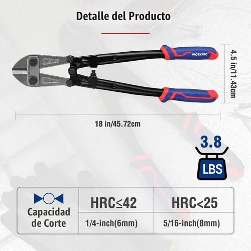 Vista 7 de WORKPRO Cortador de pernos de 18", hoja de acero de cromo y molibdeno, cortador de pernos resistente con agarre de goma suave, herramienta de corte