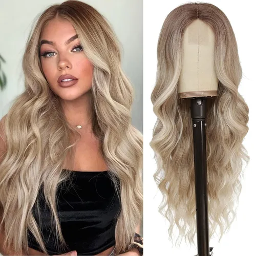 Vista 31 de NAYOO Peluca larga ondulada rubia ombré para mujer, de 26 pulgadas, parte media, rizada, ondulada, de aspecto natural, fibra sintética resistente al