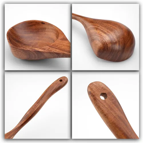 Vista 6 de Juego de cucharas de madera, 3 tamaños de cuchara de sopa grande de teca, cucharas de madera para cocinar, cuchara de servir, cucharas de madera