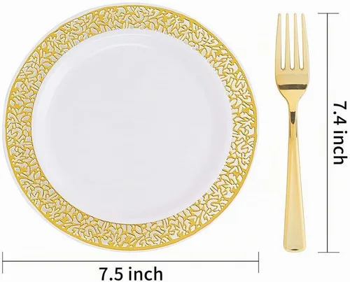 Vista 8 de WDF -Platos desechables para postre, 100 unidades, dorados, de 7.5 pulgadas, con 100 tenedores desechables de 7.4 pulgadas, con diseño de encaje