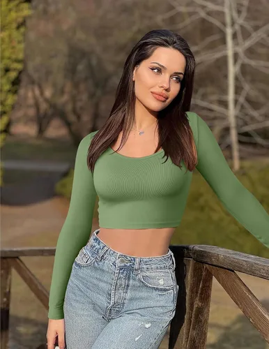 Vista 3 de OQQ Camiseta corta de 3 piezas para mujer, manga larga, cuello redondo, elástica, ajustada, para mujer