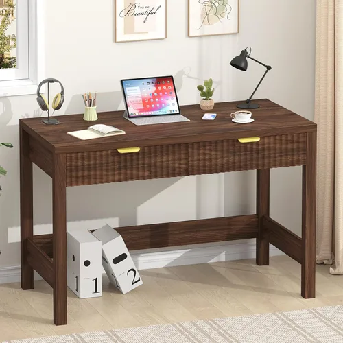 Vista 15 de YOMILUVE Escritorio estriado para computadora con 2 cajones, escritorio pequeño de computadora de 39 pulgadas con almacenamiento, escritorio Blanco