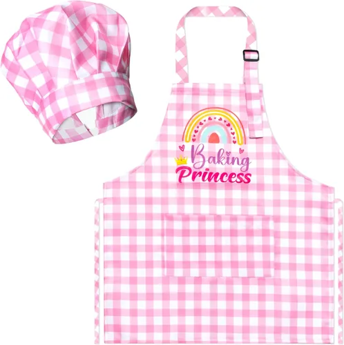 Vista 22 de R HORSE Juego de delantal y sombrero de chef para niños, 2 piezas, mini parrilla ajustable, delantal de cocina para niños, juego de rol, juguete