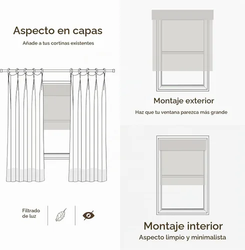 Vista 6 de TWOPAGES Persianas romanas de bambú tejido natural sin taladrar para Ln02 Almendra