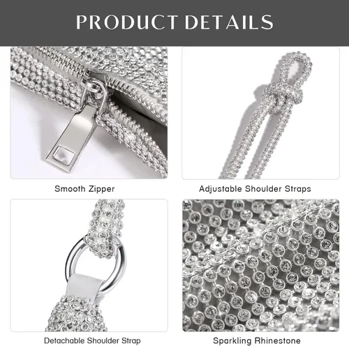 Vista 7 de SWEETV Sparkly Rhinestone Purse for Women Silver Clutch Purse Small Glitter Handbags for Weddings, Prom,and Parties