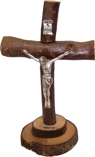 Vista 2 de Holy Land Market Crucifijo de madera de olivo natural con corteza izquierda como es