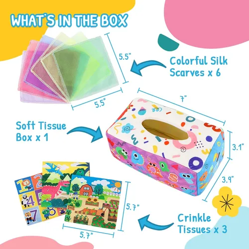 Vista 4 de URMYWO Caja de pañuelos de bebé juguete - Juguetes Montessori para bebés de 6-12 meses 1 año niño niña - Juguetes sensoriales suaves crujientes