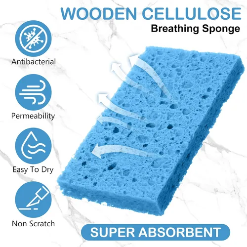 Vista 3 de Zhengmy 48 esponjas a granel, esponjas comprimidas de cocina, esponja natural para platos, limpieza de pulpa de madera comprimida sin rayar para Azul