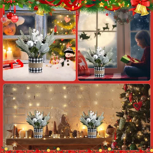 Vista 6 de 2 piezas de centro de mesa de Navidad a cuadros de búfalo árbol de mesa de Navidad, mini decoración artificial de mesa, centro de mesa pequeño