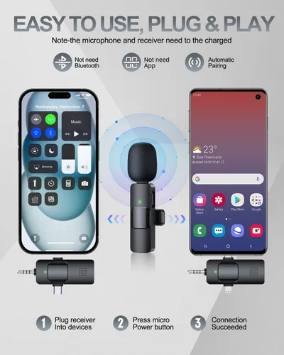 Vista 2 de PQRQP Micrófono Lavalier inalámbrico profesional 3 en 1 para iPhone/Android/cámara, micrófonos inalámbricos, mini micrófono, calidad de sonido