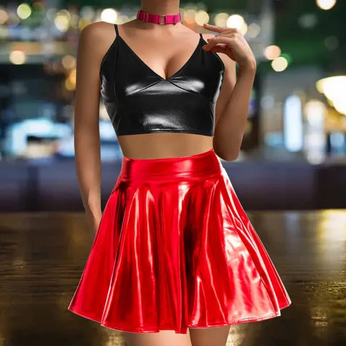Vista 2 de eccbox Minifalda metálica brillante para mujer, diseño de discoteca de moda, acampanada, plisada y acampanada