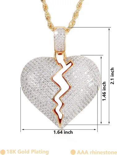 Vista 2 de putouzip Men Broken Heart Chains 18k Gold Plated Fully Iced Out Pendant Link Chain Necklace