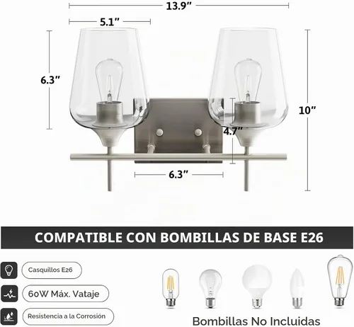 Vista 5 de VONLUCE Lámpara de tocador de baño, lámpara de baño de 2 luces sobre el Níquel