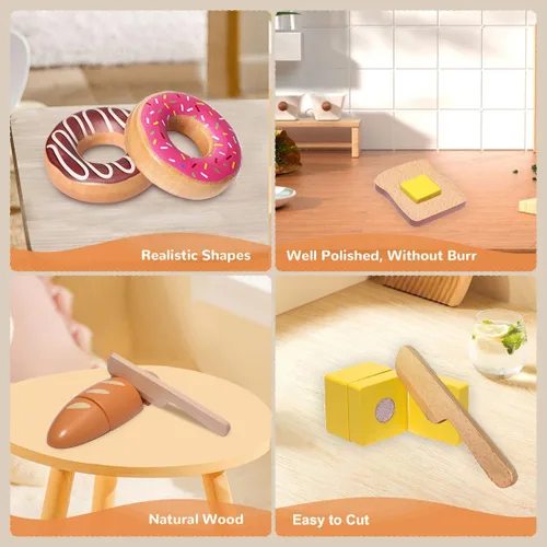 Vista 3 de Juego de madera para panadería, juguetes de comida, juego de cocina para niños, accesorios de cocina con bolsa de almacenamiento, juego