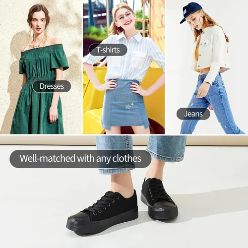 Vista 6 de Zapatos de lona transpirables para mujer, tenis de lona con cordones para mujer, tenis de moda de caña baja, tenis clásicos en blanco y negro