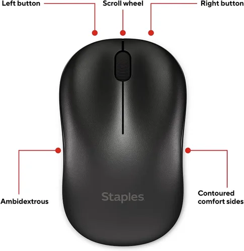 Vista 6 de Staples TECH Ratón óptico ambidiestro inalámbrico, precisión de 1600 DPI, 2 botones con rueda de desplazamiento, USB Plug-and-Play, rango de 32.8