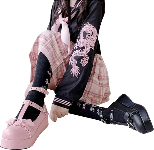 Vista 6 de Lindos zapatos Sweet Mary Jane de tacón bajo grueso Lolita Cuñas T-Straps Oxfords gótico Punk Plataforma Zapatos de vestir con punta redonda