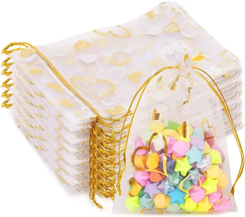 Vista 14 de G2PLUS - Bolsas de organza de corazón, 50 bolsas de regalo con cordón transparente de 4 x 6 pulgadas Pink Mesh Bags with Gold Foil Hearts for