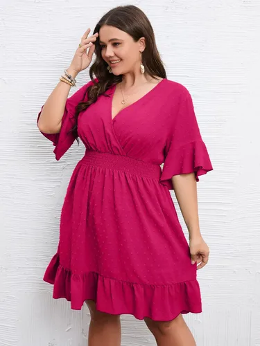 Vista 6 de SCOMCHIC Vestido de verano casual de talla grande para mujer, con lunares suizos, cuello en V, manga con volantes, vestido de playa bohemio