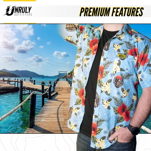 Vista 5 de Unruly Outfitters Camisa hawaiana para hombre, diseño de granadas azules con botones, divertidas camisas con armas de flores con pistolas