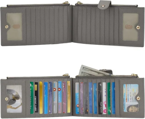 Vista 5 de GOIACII - Carteras para mujer de dos pliegues con bloqueo RFID y 2 bolsillos con cremallera, gris, M