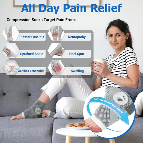 Vista 4 de 6 pares de calcetines para neuropatía - Sin dedos, alivio calmante, soporte para fascitis plantar y tendinitis de Aquiles (Pequeño)