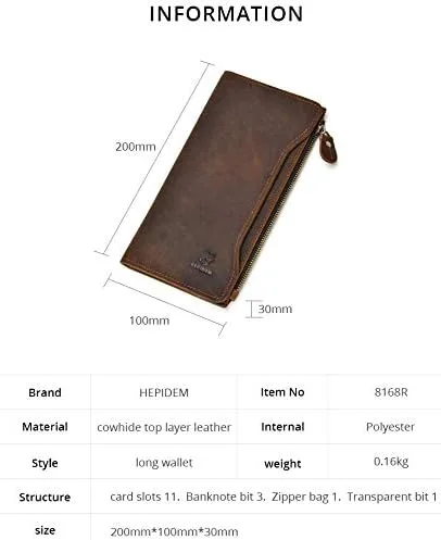 Vista 5 de HEPIDEM - Funda de piel auténtica para hombre con bolsillo con cremallera color marrón