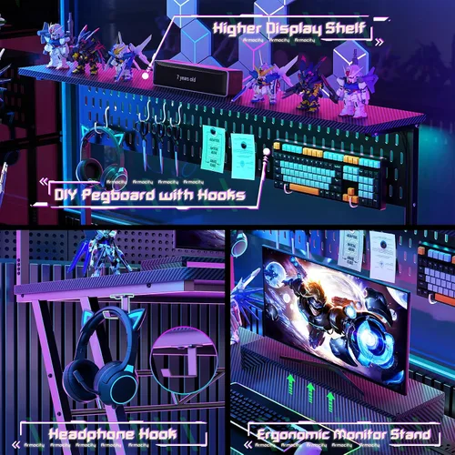 Vista 5 de Escritorio para computadora de juegos Armocity con estantes y tomas de corriente, escritorio de juegos con alacena y luces LED, escritorios