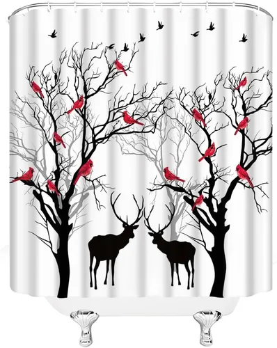Vista 3 de Cortina de ducha pequeña, árbol, pájaro, ciervo, bosque, cabaña de árbol, vida silvestre, naturaleza, escénico, rústico, invierno, vacaciones