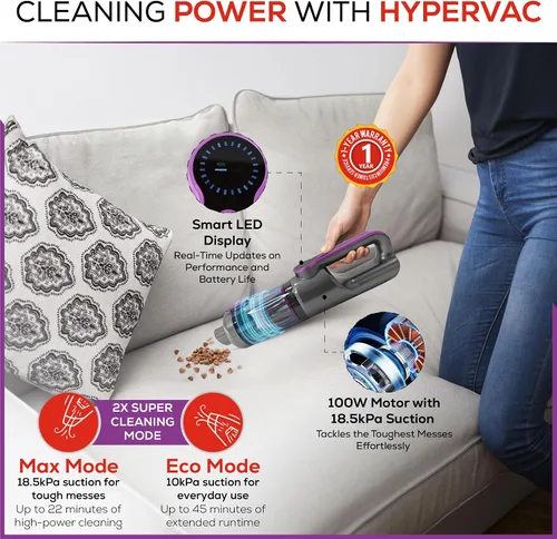 Vista 5 de HyperVac - Aspirador y soplador portátil 2 en 1 para automóvil, succión de 18500 Pa, plumero de aire con cable e inalámbrico con luz LED, mangueras
