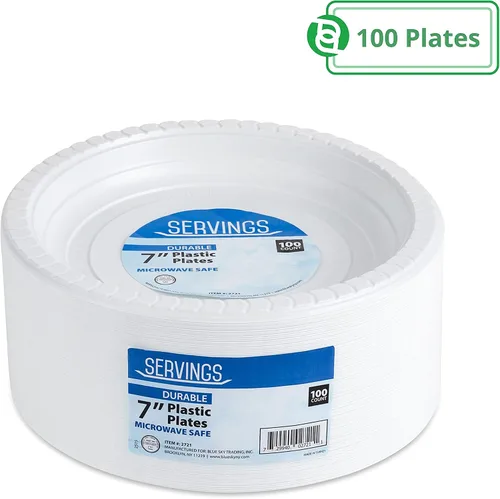 Vista 2 de Blue Sky Platos de plástico blanco de 7 pulgadas, 100 unidades, platos de plástico desechables, aptos para microondas, perfectos para fiestas