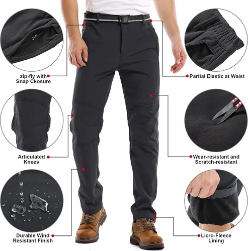 Vista 5 de Jessie Kidden Pantalones de senderismo impermeables para hombre, para exteriores, nieve, esquí, pesca, forro polar, aislados, pantalones de invierno
