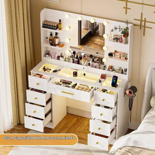 Vista 5 de LAKEMID Escritorio de tocador con espejo y luces LED, mesa de maquillaje con parte superior de cristal con 9 cajones y toma de corriente, 3 modos