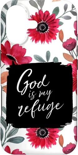 Vista 32 de God is My Refuge - Carcasa para iPhone 16, diseño de flores rojas con versículo bíblico del Salmo 91
