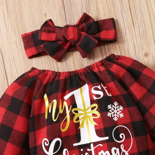 Vista 4 de Baby Girls Christmas Dress with Bow Headband Red Plaid Dress Long Sleeve Tulle Tutu Princess Party Dress Winter Clothes