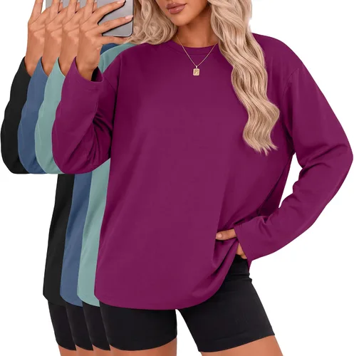Vista 11 de Ficerd Paquete de 4 camisetas casuales de manga larga con cuello redondo
