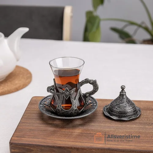 Vista 2 de Alisveristime Juego de 6 vasos de té turco hechos a mano Zamzam para servir vasos platillo y cuchara (negro)